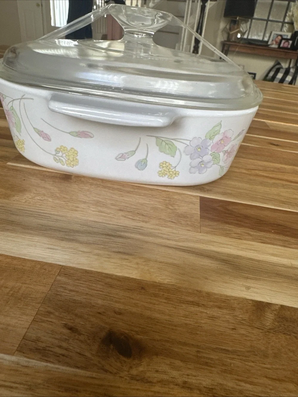 Corningware White Casserole Dish with Pastel Floral Pattern and Glass Lid
